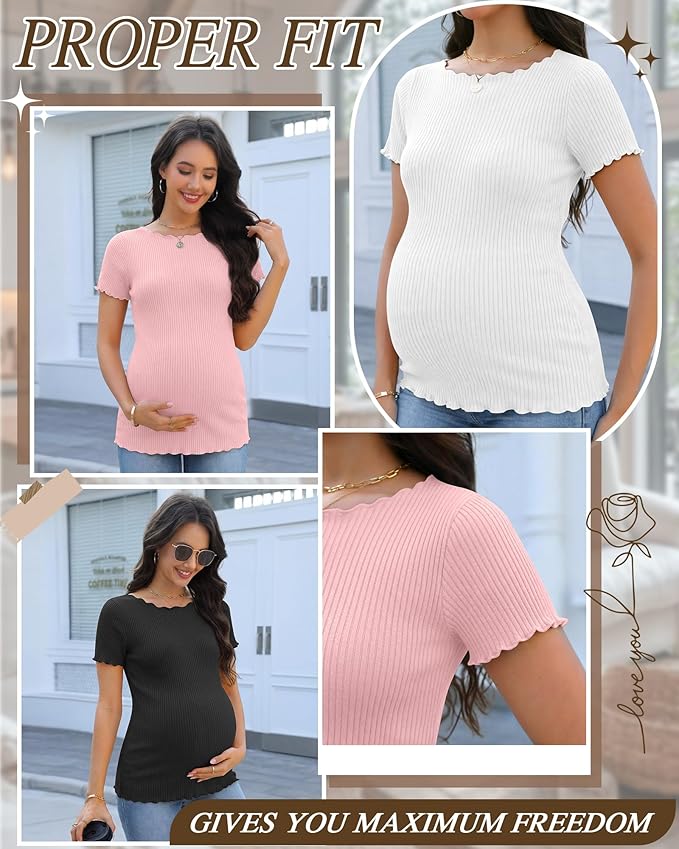 3 Pack Women's Maternity Ribbed Shirts Cotton Short Sleeve Pregnancy Tops Boat Neck Lettuce Trim Mama Clothes