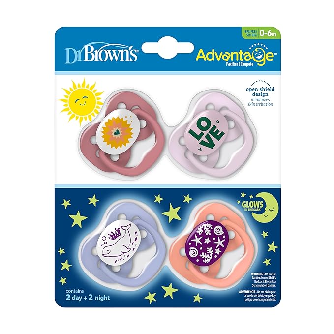 Dr. Brown's Advantage Glow-in-The-Dark Baby Pacifier, Fully Symmetrical Soother with Soft Silicone Bulb, Lavender Love-Coral Ocean, 0-6m, BPA Free, 4 Pack