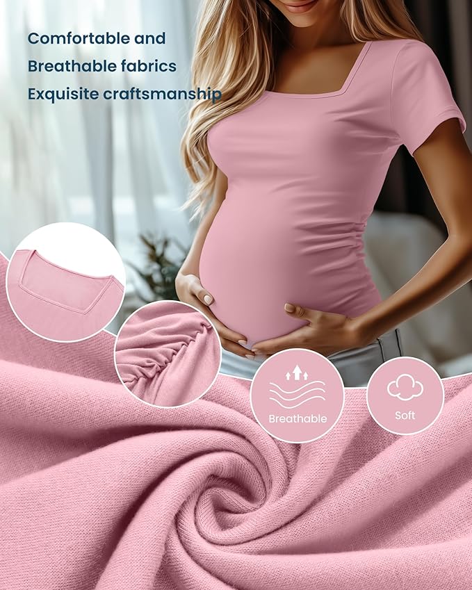 4 Pack Women's Maternity Shirts Cotton Square Neck Pregnancy Tops Side Ruched Summer Short Sleeve Tees Multipack