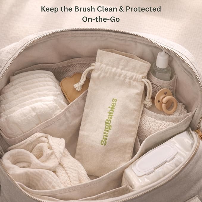 Wooden Baby Hair Brush with Natural Goat-Hair Bristles - Ultra Soft Baby Brush for Newborns & Infants with a Cotton Travel Pouch - Helps with Cradle Cap Care - 21cm Easy Grip Beech Wood Handle