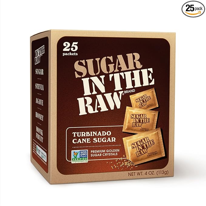 Sugar In The Raw Turbinado Cane Sugar Packets, 25 Ct, Pure, All-Natural Turbinado Sugar, Non-GMO Project Verified, Kosher, Vegan and Gluten Free