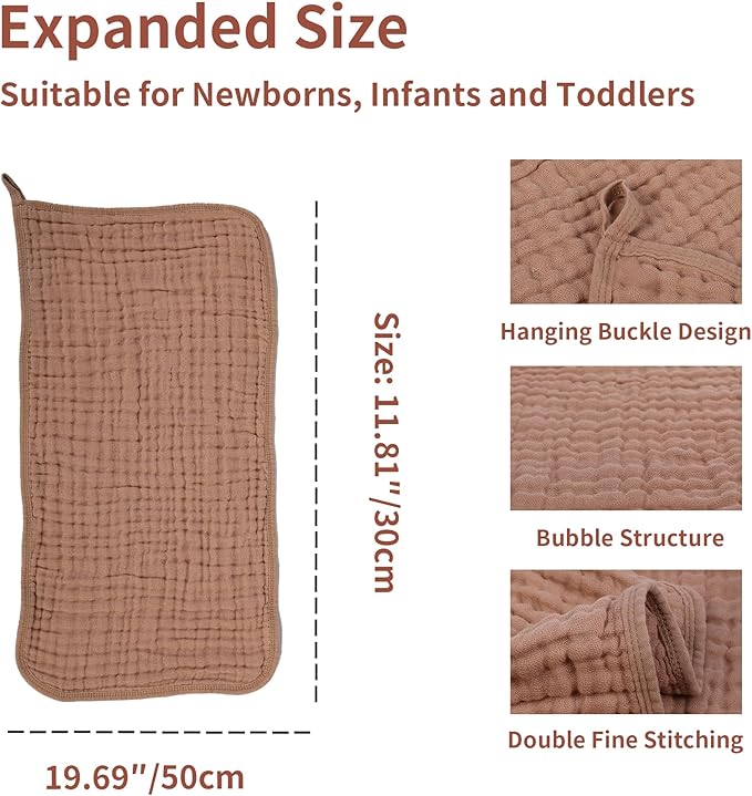 Baby Washcloths and Burp Cloths,20 x 10 Inches,Perfect as bath towels,face cloths,spit-up rags,burp cloths,and more.Suitable for newborns,infants,and toddlers(Medium Khaki,Off-White, Light pink)