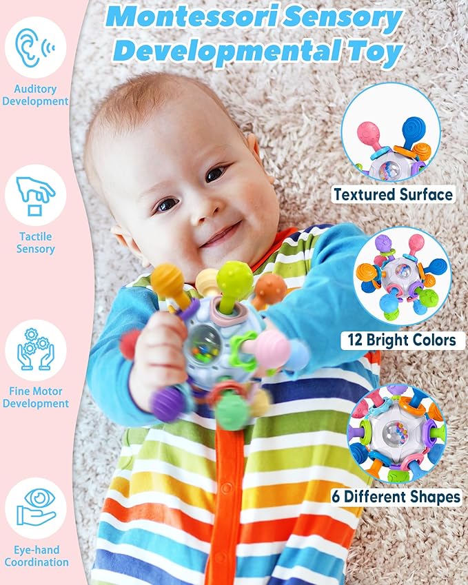 Baby Teething Toys Teethers for Babies 0-6 Months Infant Baby Girl Toys Gifts for 0 3 6 9 12 Months, Newborn Rattles Chew Toys Sensory Learning Montessori Toys for Babies 6-12 Months -Blue