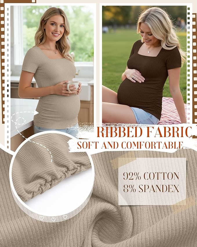 Huukeay 4 Pack Women's Maternity Shirts Cotton Ribbed Short Sleeve Square Neck Pregnancy Tops Side Ruched Summer Tee