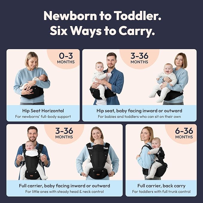 BabbleRoo Grow Carrier – Safety-Certified 6-in-1 Toddler & Baby Carrier with Hip Seat, Ergonomic & Adjustable Toddler Carrier 7-50 lbs with Hip Support, Hood for Sun Protection, Newborn to Toddler