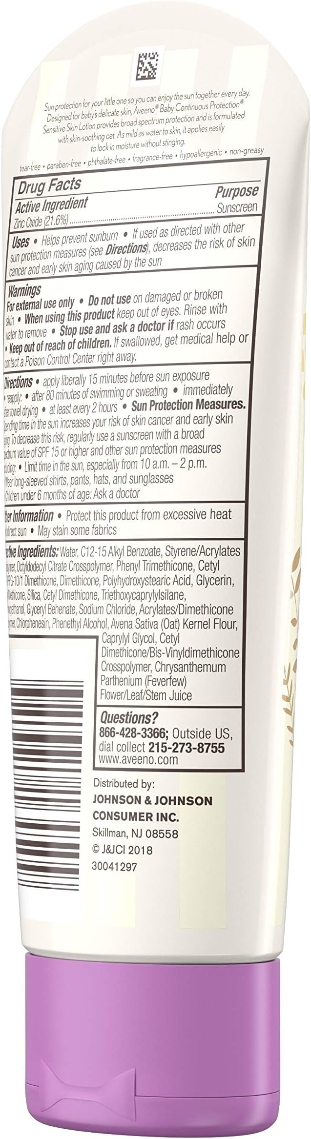 Aveeno Baby Continuous Protection Zinc Oxide Mineral Sunscreen Lotion for Sensitive Skin,Broad Spectrum SPF 50,Tear-Free,Sweat- & Water-Resistant,Paraben-Free,Travel-Size,3 fl. oz,(Pack of 2)