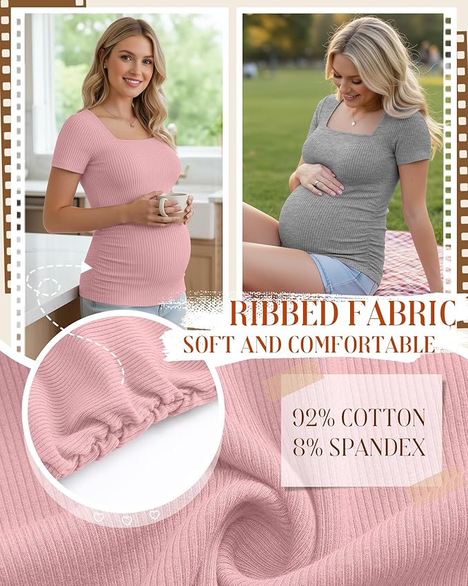Huukeay 4 Pack Women's Maternity Shirts Cotton Ribbed Short Sleeve Square Neck Pregnancy Tops Side Ruched Summer Tee