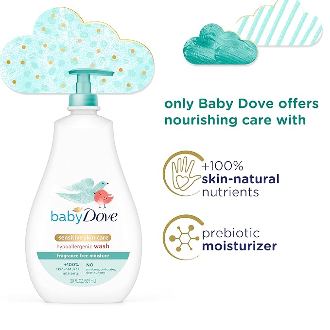 Baby Dove Sensitive Skin Care Baby Wash Fragrance Free Moisture For Baby Bath Time Fragrance Free and Hypoallergenic, Washes Away Bacteria 20 oz