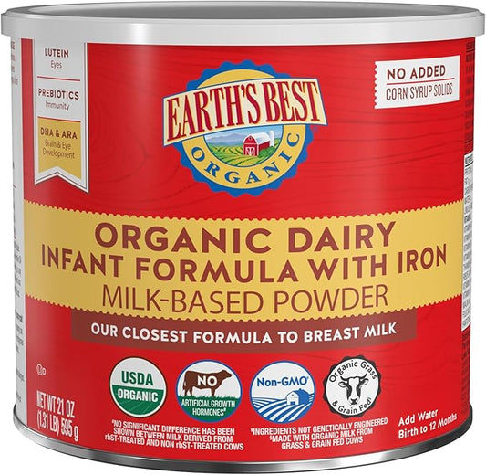 Earth's Best Organic Baby Formula for Babies 0-12 Months, Powdered Dairy Infant Formula with Iron, Omega-3 DHA, and Omega-6 ARA, 21 oz Formula Container