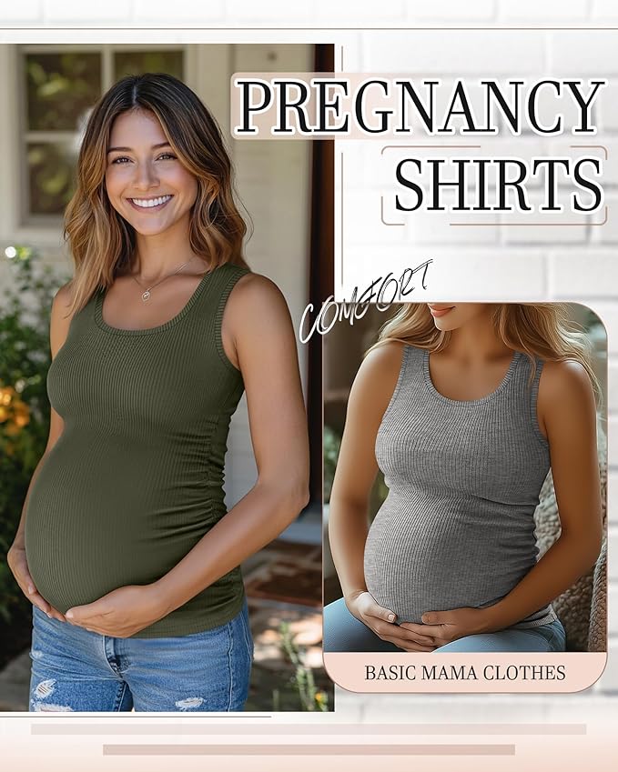 Riyiper 3 Pack Women's Maternity Tank Tops, Sleeveless Cotton Pregnancy Shirts Ribbed Knit Sides Ruched Basic Mama Clothes