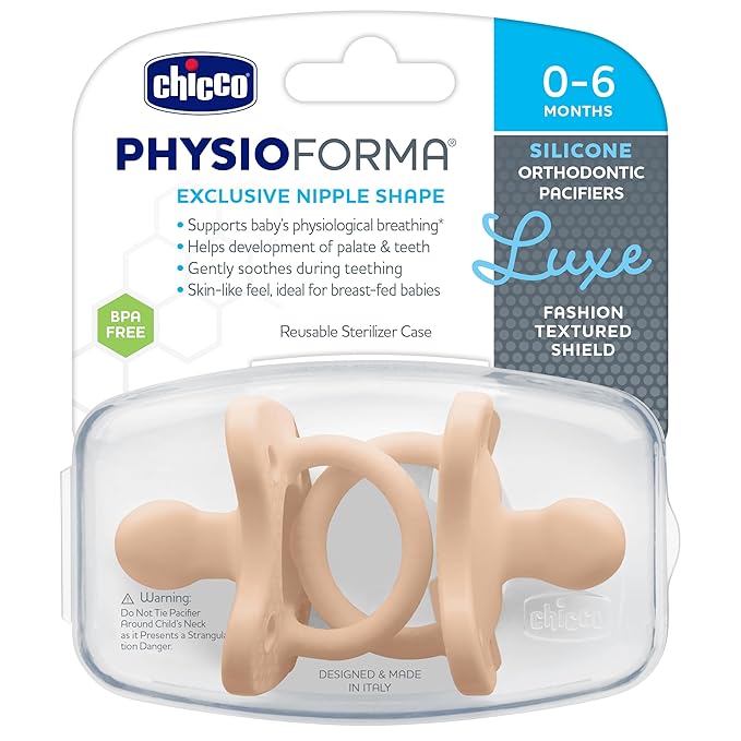 Chicco PhysioForma Luxe Orthodontic Pacifier, 0-6m | 100% Soft Silicone | Supports Breathing & Oral Development | Textured Shield & Handle | Includes Sterilizing Case | BPA Free | Blush, 2pk