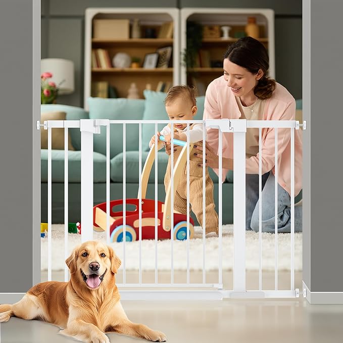 29-46 inches Metal Baby Gate for Stairs/Doorways, 30 inches Tall Pressure Mounted Pet Gates, Auto-Close Child Safety Gate, No Drilling Easy Walk-Through Dog Gate Indoor, White