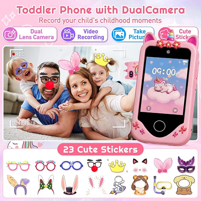 Kids Smart Phone for Girls, Touchscreen, 64GB Card Birthday Gifts for Girls Age 3, 4, 5, 6, 7, 8, 10 Year Old, Toddler Educational Learning Toys Phone with Dual Camera, Game, Music Player