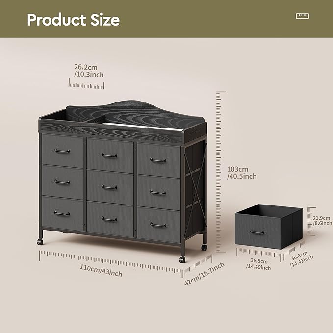 Baby Changing Table with 9 Fabric Drawers, Waterproof Diaper Changing Station & Pad, Mobile Nursery Diaper Changing Table, Baby Furniture, Bedroom, Black