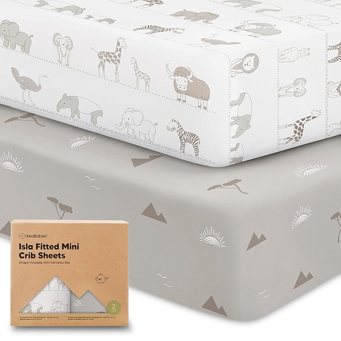 Pack and Play Sheets Fitted - 2-Pack Mini Crib Sheets for Pack N Play Mattress 38x26, Soft & Cozy, Neutral Toddler Playard Bedding, Snug Fitted Mini Baby Crib Mattress Cover Boy, Girl (Savannah)