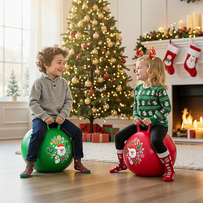 EVERICH TOY 2-Pack Hopper Ball for Kids 18In Sit On Bouncy Ball with Handle with Christmas Reindeer Ears, The Top Green & Red Christmas Boys Girls Gifts for 4 5 6 7 8 Yr Old Indoor Outdoor Active Play