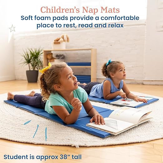 ECR4Kids Everyday Folding Rest Mat, 4-Section, 5/8in, Sleeping Pad, Blue/Grey, 5-Pack