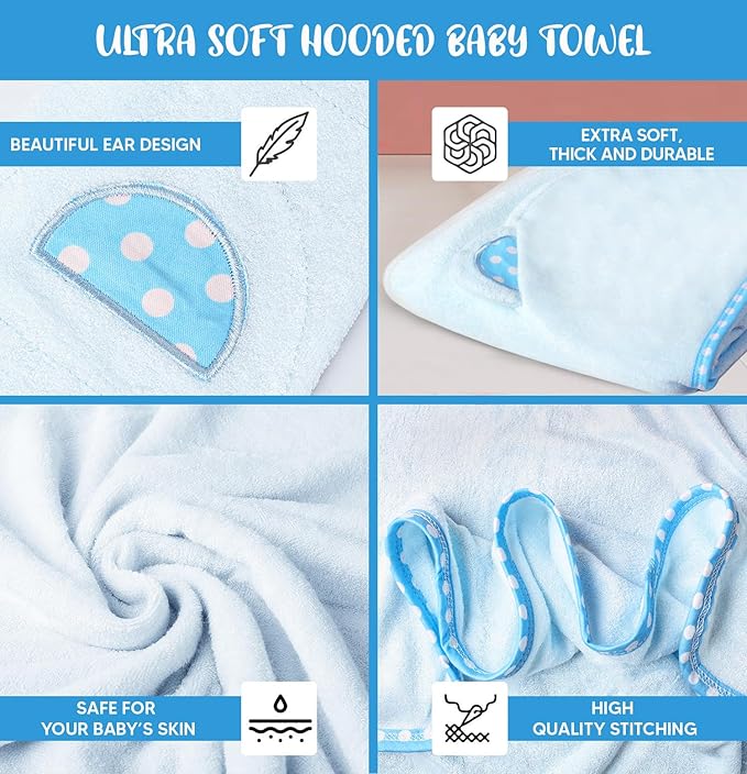 Set of 2 Hooded Baby Towels – Blue and Grey – Luxurious, Large and Super Absorbent – 35 x 35 Inch – Soft and Suitable for Infants, Toddlers and Kids – 400 GSM