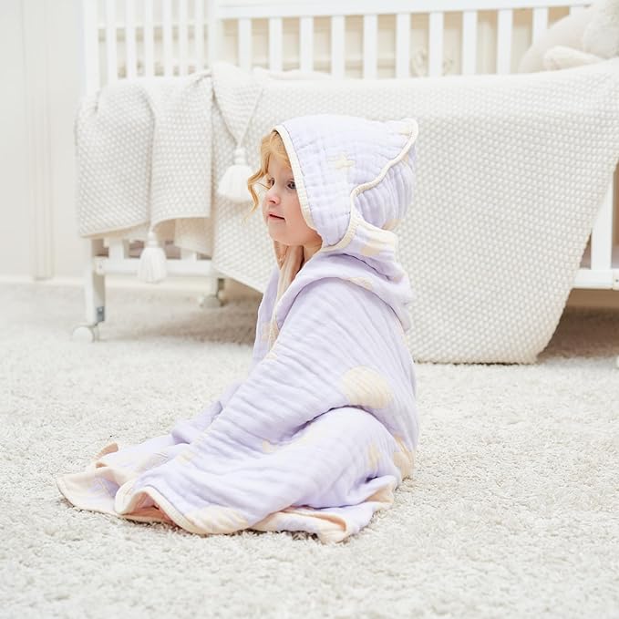 6-Layer Ultra-Soft Muslin Baby Hooded Towel - Made with Organic Cotton, Ocean Jacquard for Bath & Beach, 32x32 Inches (Lavender Ocean)