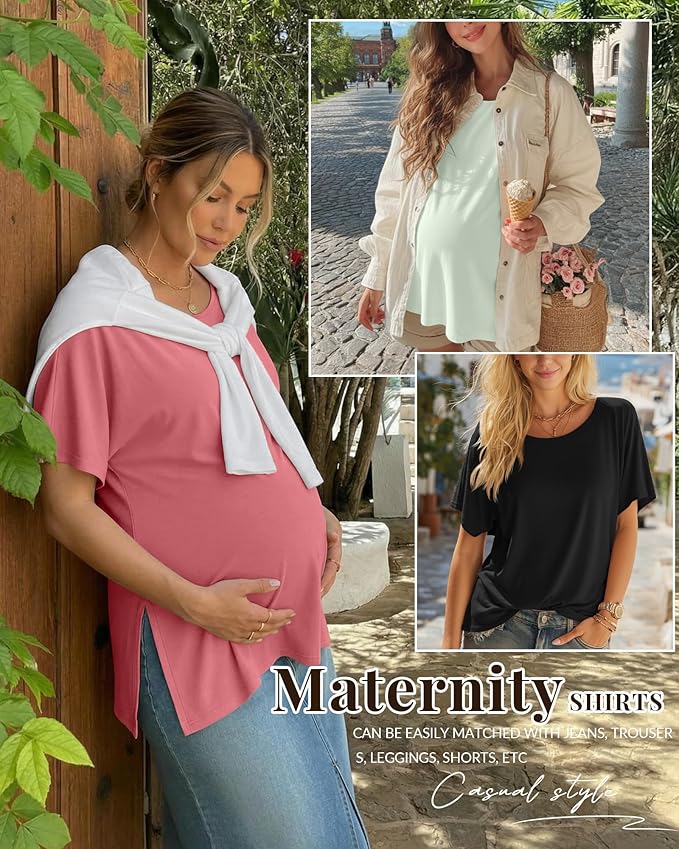 Riyiper 3 Pack Women's Maternity Tunic Shirts Cotton Summer Pregnancy Clothes Loose Oversized Split Side Blouse Tops