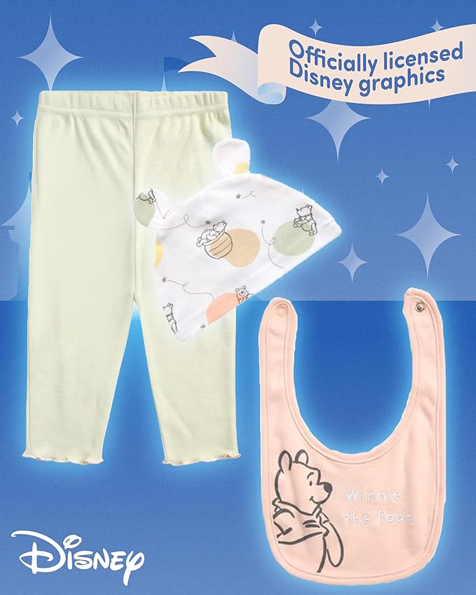 Disney Newborn Baby Girl Boy Clothes - 7 Piece Mickey Mouse Winnie the Pooh Bib Onesie Overall Beanie Pants Gift Bag Gift Set