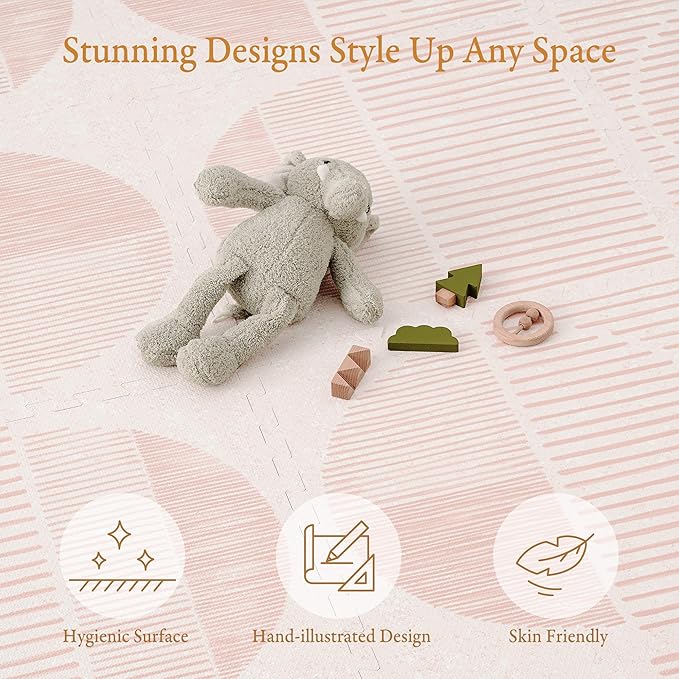 PopsyKosy Premium Baby Floor Play Mat - Thick & Cushioned 0.5 inch Playroom Foam Mat, Non-Toxic Odorless - 6 Tiles - Spacious 6x4 ft. - Stylish & Large, Waterproof for Kids & Toddlers - Cream Pink
