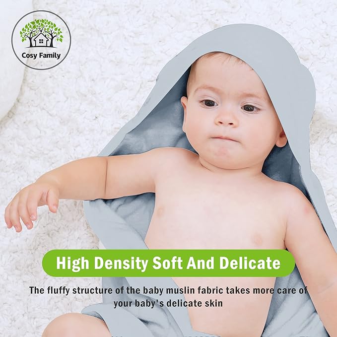 Cosy Family 3 Pack Baby Hooded Towels, Rayon Made from Bamboo, Ultra Soft Unisex Bath Towels for Babies,Toddler,Infant - Newborn Essential - Ultra Absorbent Toddler Towels for Baby Boy Girl - Grey