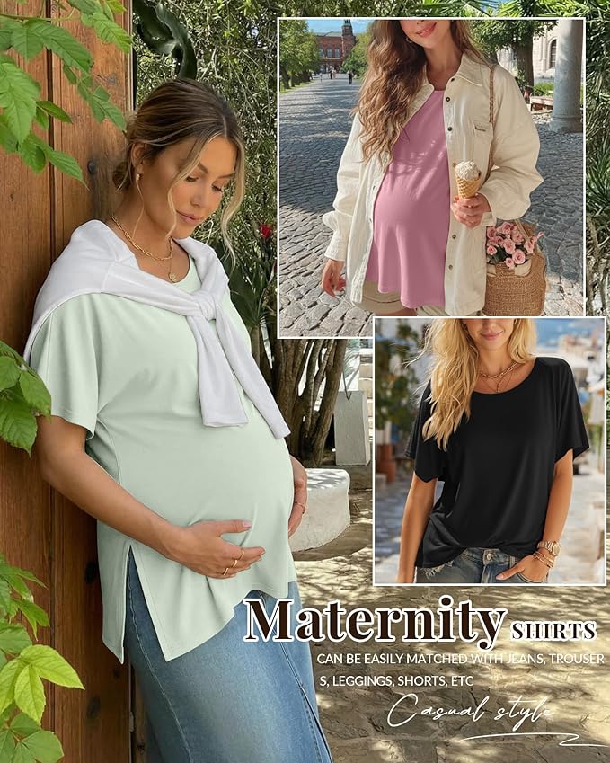 Riyiper 3 Pack Women's Maternity Tunic Shirts Cotton Summer Pregnancy Clothes Loose Oversized Split Side Blouse Tops