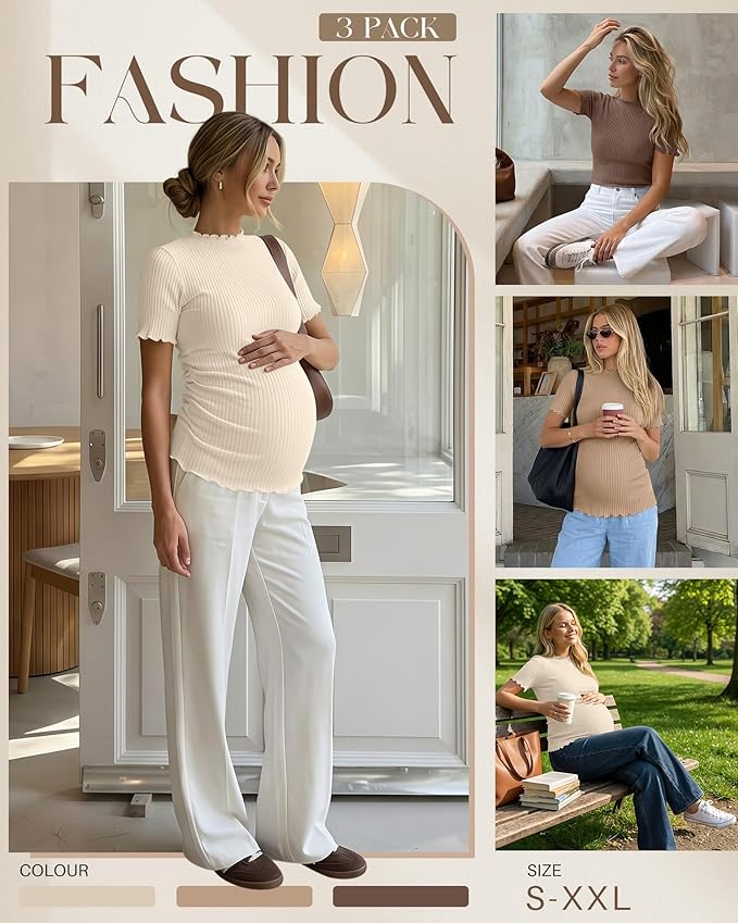 3 Pack Women's Maternity Tops Short Sleeve Ribbed Knit Maternity Shirts Crew Neck Side Ruched Pregnancy Clothes