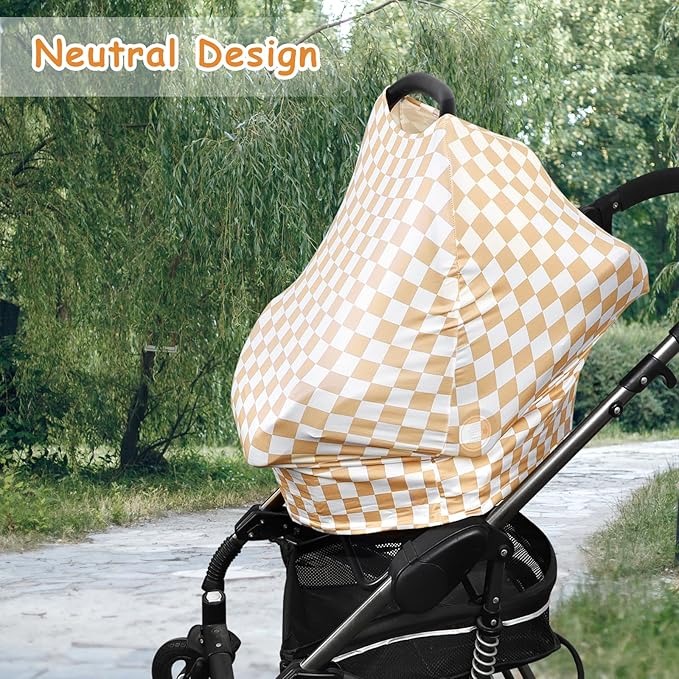 TANOFAR Car Seat Cover for Baby, Multi-Use Cover Carseat Canopy, High Stretchy & Breathable Infant Carseat Cover, Shower Gifts for Unisex Boys and Girls (Light Brown Checkerboard)
