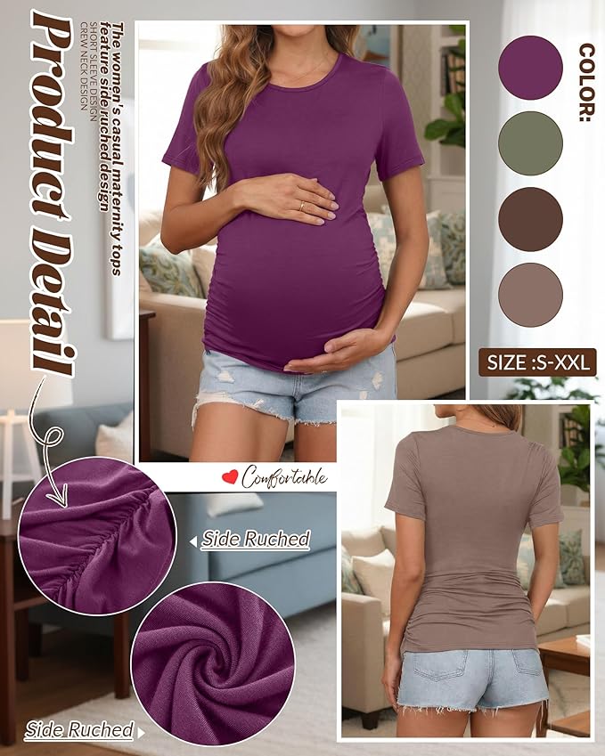 Huukeay 4 Pack Women's Maternity Shirts, Crew Neck Maternity Top Short Sleeve Casual Cotton Tee Side Ruched Pregnancy Clothes