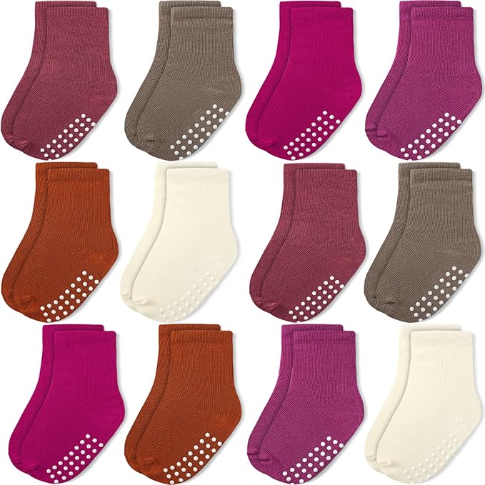 JAKIDAR 12 Pack Baby Toddler Socks Non Slip Grip Cotton Crew Socks for Boys Girls Infants Kids