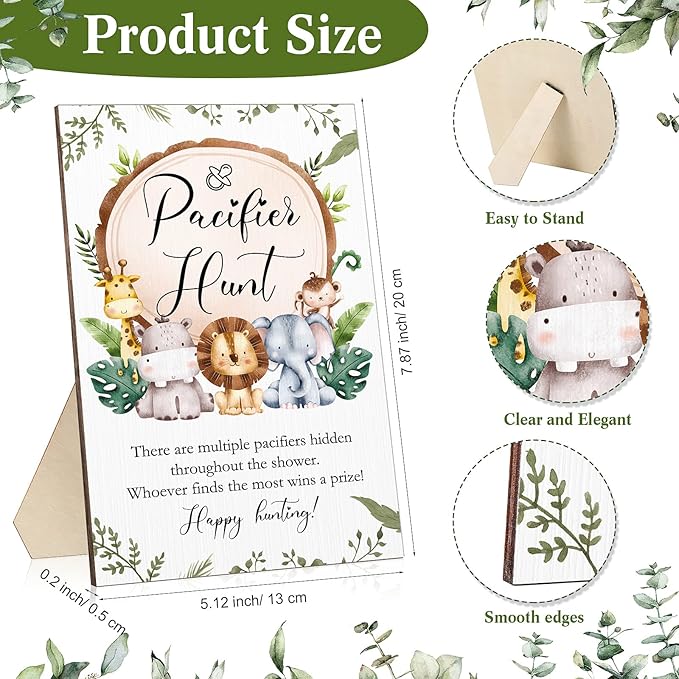 Roowest 51 Pcs Pacifier Hunt Baby Shower Games Include Wooden Hunt Sign and 50 Acrylic Mini Plastic Pacifiers for Baby Shower Game Decoration Gift Sets Gender Reveal Party Supplies