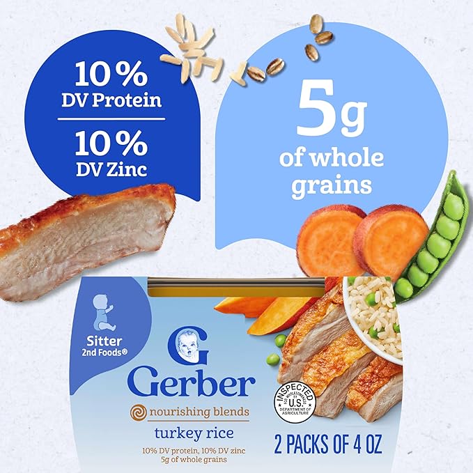 Gerber Stage 2 Baby Food, Turkey Rice Puree Tub, Nourishing Blends, No Added Colors or Flavors, Baby Puree, 2-Pack