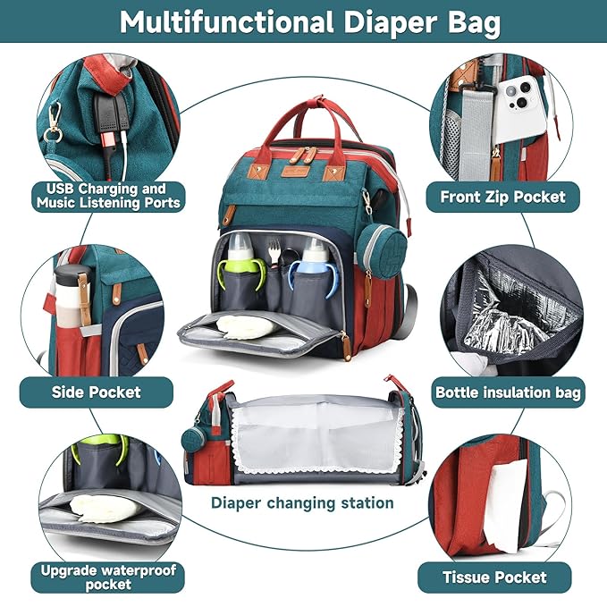 Baby Diaper Bags with Changing Station Multifunctional Waterproof Diaper Bag Backpack Travel Baby Bag with Changing Pad, Pacifier Case,Baby Essentials(Multicolor)