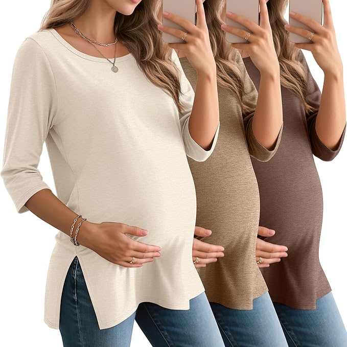 3 Pack Women's 3/4 Sleeve Maternity Shirts Elbow Length Clothes Round Neck Tunics Pregnancy Loose Side Split Tops