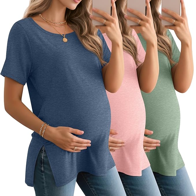 3 Pack Women's Maternity Shirts Short Sleeve Round Neck Side Split Pregnancy Tops Loose Summer Casual Mama Clothes