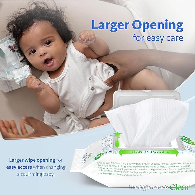 All Clear Care Baby Wipes, Unscented Wipes for Sensitive Skin, Large Soft Durable & 99% Water Based, Gentle & Hypoallergenic for Babies & Adults, Vitamin E and Aloe, Flip Top Lid, 3 Pack (240 Wipes)