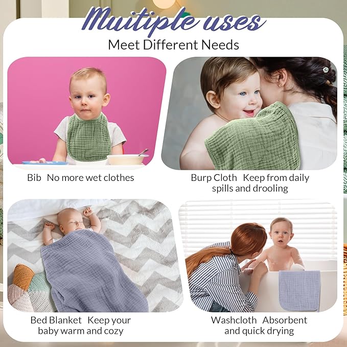 6 Pcs Muslin Hooded Bath Towels Washcloths and Bibs Set, Muslin Cotton Baby Towels Absorbent Hooded Blanket Towel Infant Bibs for Boys Girls Newborn Infant Essential(Light Blue, Light Green)