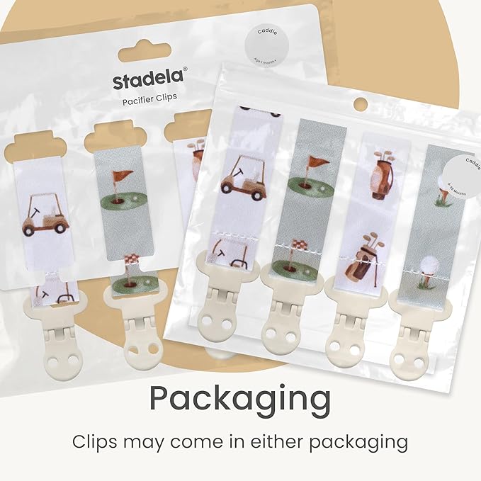 Stadela Baby Pacifier Clip Holder - Girl or Boy Unisex 4 Pack Gift Set – Neutral Modern Golf Theme Green Brown Beige