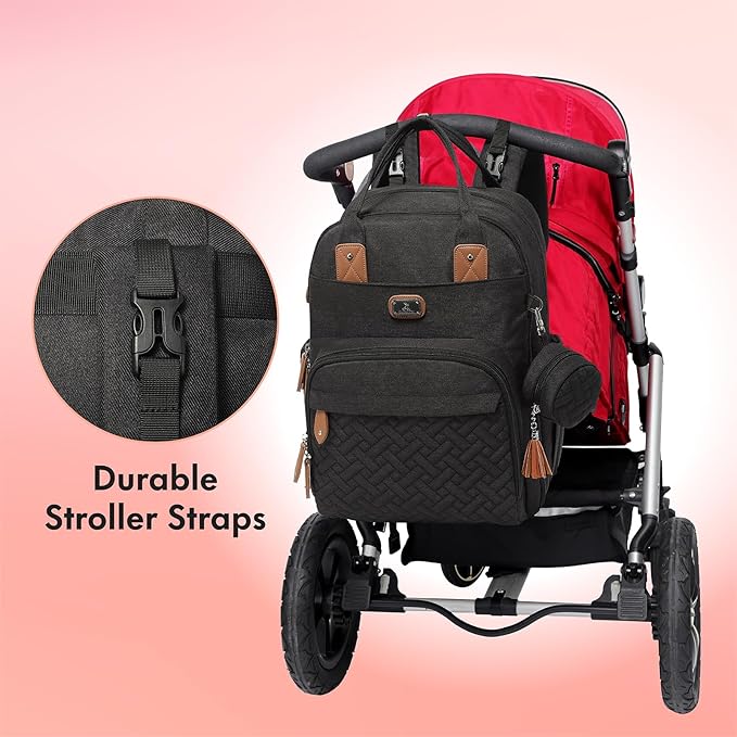 Dikaslon Diaper Bag Backpack with Portable Changing Pad, Pacifier Case and Stroller Straps, Large Unisex Baby Bags for Boys Girls, Multipurpose Travel Back Pack Moms Dads, Black