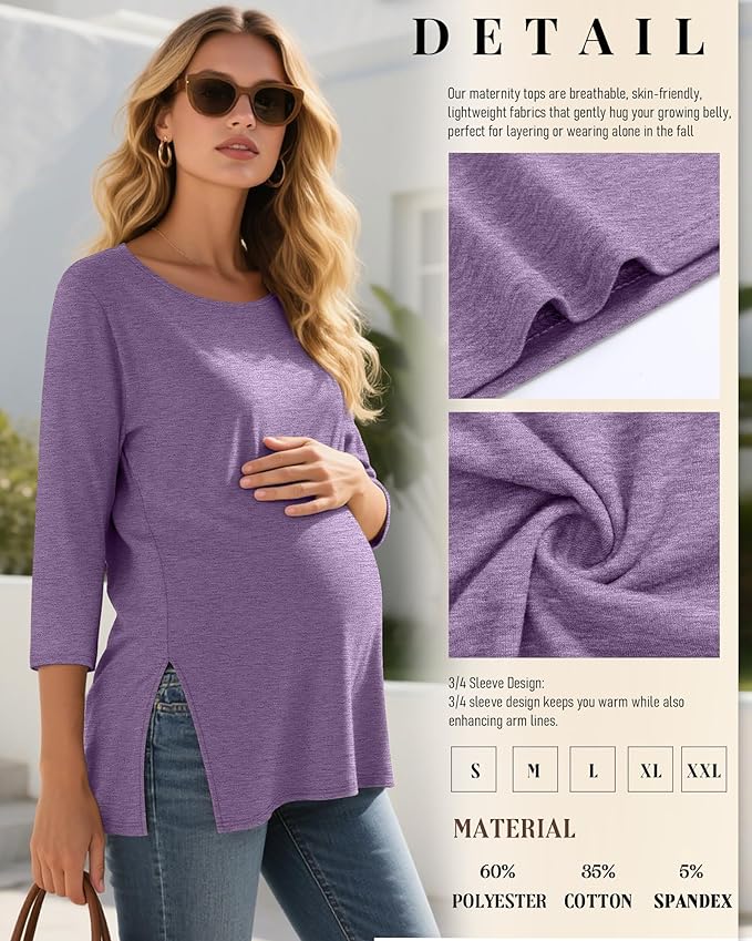 3 Pack Women's 3/4 Sleeve Maternity Shirts Elbow Length Clothes Round Neck Tunics Pregnancy Loose Side Split Tops