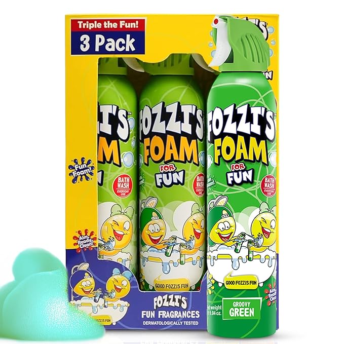 FOZZI'S Groovy Green Bath Foam Soap for Kids (3 Pack) - Fun Aerosol Spray - Squishy Bubble Soap for Playtime - Gentle Cleanser Foaming Body Wash - Safe Bath Fun for Everyday Wash