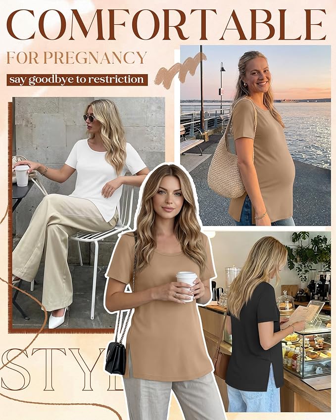 3 Pack Women's Maternity Shirts Short Sleeve Round Neck Side Split Pregnancy Tops Loose Summer Casual Mama Clothes