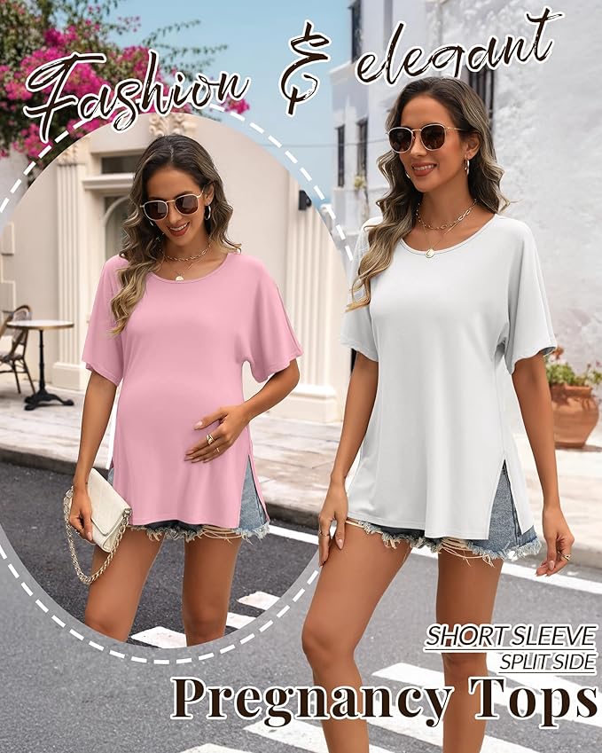 Riyiper 3 Pack Women's Maternity Tunic Shirts Cotton Summer Pregnancy Clothes Loose Oversized Split Side Blouse Tops