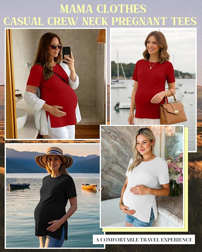 Ficerd 3 Pack Women's Maternity T Shirts, Short Sleeve Side Split Pregnancy Tops Casual Crew Neck Pregnant Tees Mama Clothes