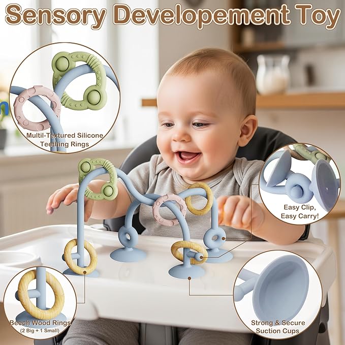 Baby Montessori Toy, High Chair Suction Cup Toy and Teething Toy Set - Table Toy & Pop-it Fidget Teether for 6+ Months 1 2 3 Years, BPA Free Silicone Sensory Toys for Baby and Toddler (SkyBlue)