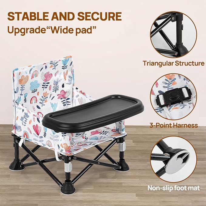 Toddler Booster Seat for Dining Table & Kitchen Chair - Portable Foldable with Removable Tray, Baby Camping Chair 6-36 Months Indoor Outdoor (Green Stripe)