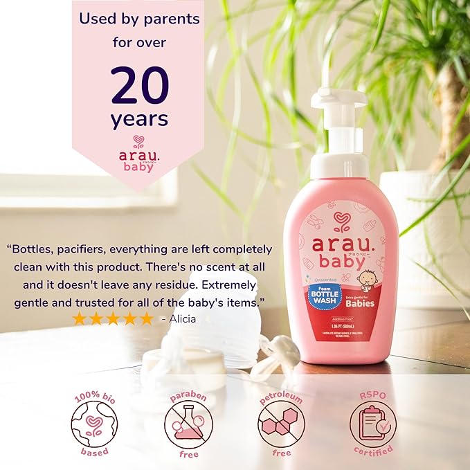 Arau Baby Unscented Foam Bottle Wash, Natural Plant Based Baby Bottle & Dish Soap, No Artificial Fragrance or Additives, Gentle for Washing Bottles, Pacifiers and Toys, Easy Rinse, 15.21 Fl Oz
