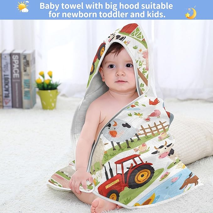 Burbuja Farm Animals Baby Bath Towel - Soft Absorbent Muslin Cotton Hooded Towel for Newborn Infant Toddler, 30x30 in